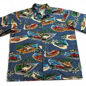 Vintage Reyn Spooner car print Hawaiian cotton beach vacation shirt size XL